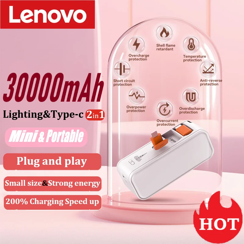 Lenovo Wireless Mini Capsule Power Bank 30000mAh Wyświetlacz mocy o dużej pojemności Wtyczka ładująca dla iPhone Samsung typu c