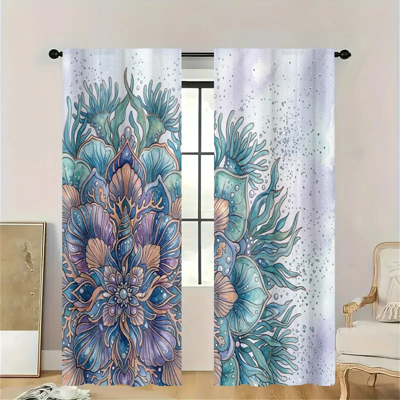 Bohemian Botanical Floral Mandala Curtains Watercolor Window Panel Decorative Drape Lightweight Room Privacy Curtains for Kitche