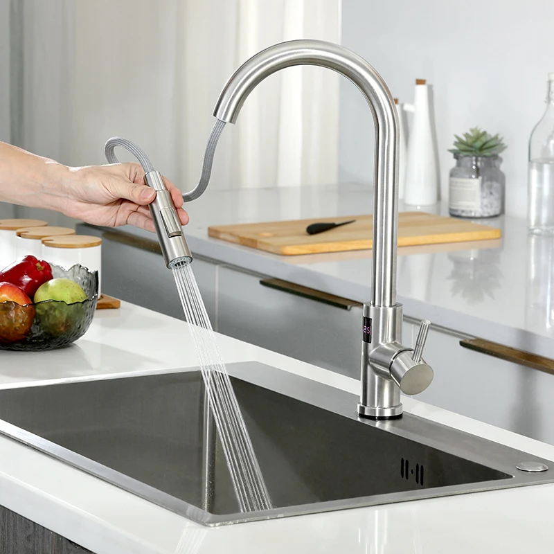 Grey Digital Touch Kitchen Faucet with Pull Down Sprayer Pull Out Kitchen Sink Mixer Tap Sensor Touch Digital Kitchen Faucet