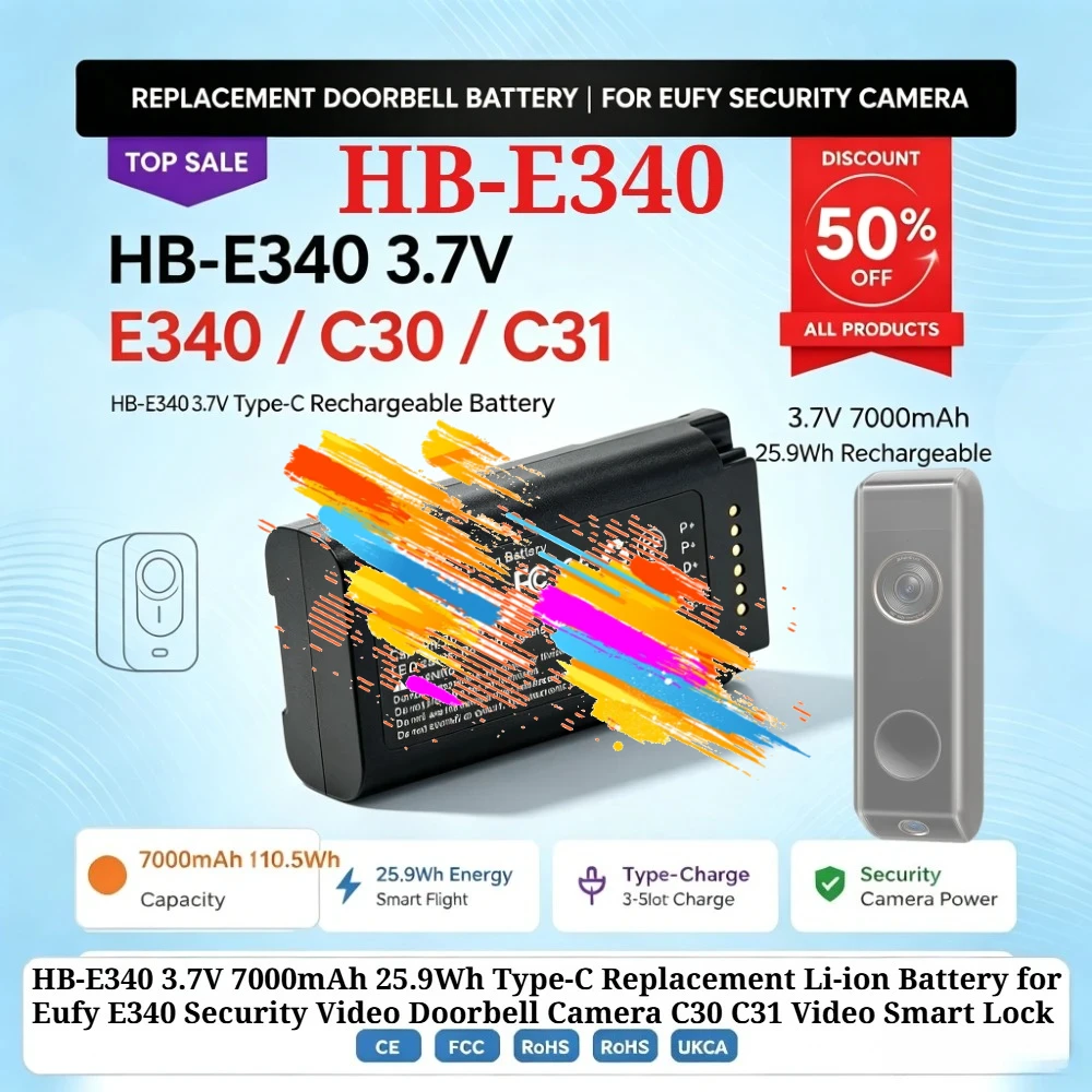 HB-E340 3.7V 7000mAh 25.9Wh Type-C Replacement Li-ion Battery for Eufy E340 Security Video Doorbell Camera C30 C31 Video Smart