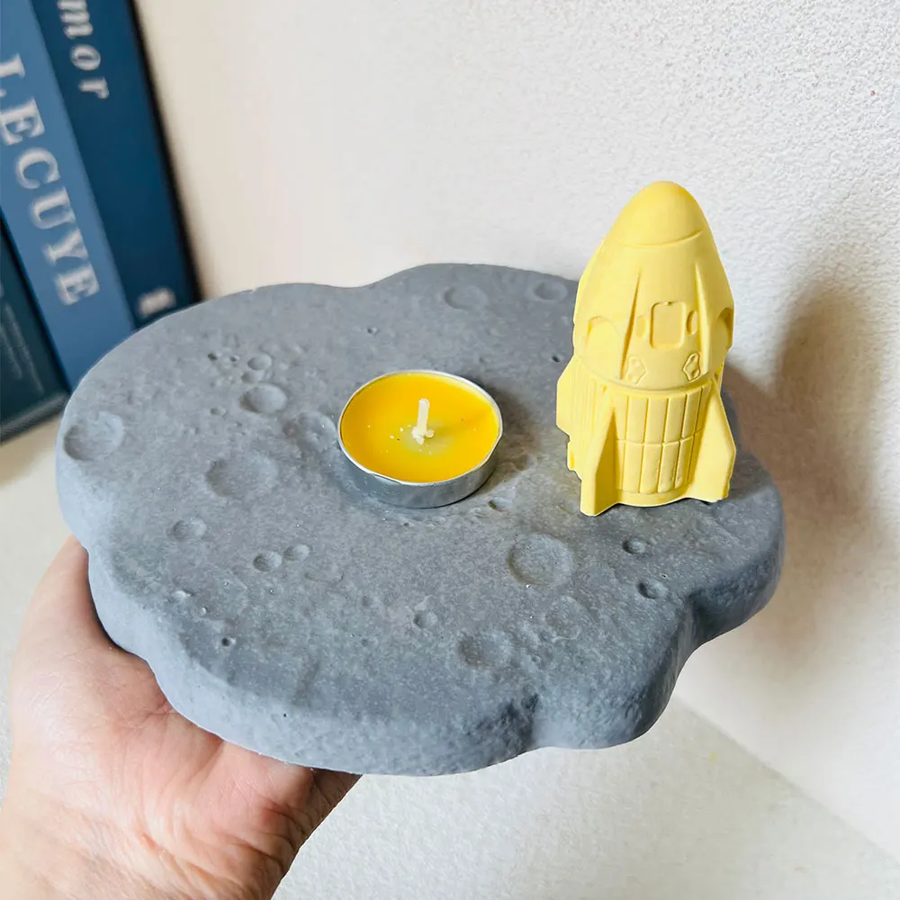 Lunar Surface Tray Candlestick Silicone Mold Rocket Aroma Gypsum Clay Mold Heart Shape Star Moon Candle Holder Silicone Molds