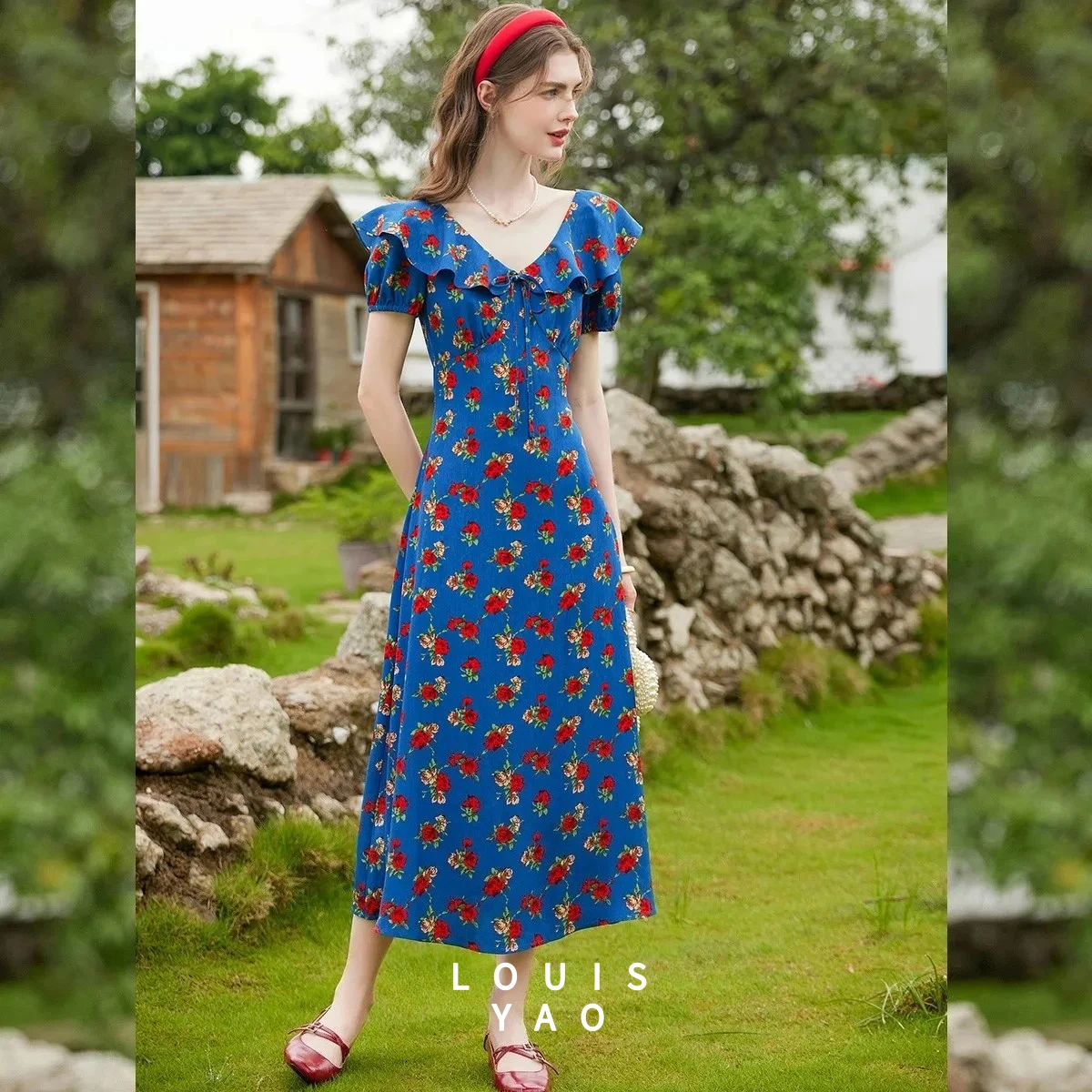 LOUISYAO Damesjurk met bloemenprint 2025, zomerjurken, V-hals, niet-elastisch, zacht, zoet, bedrukt, lotusblad, zijlengte jurk