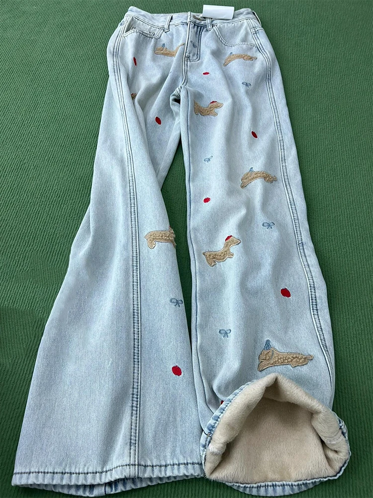 

Прямые широкие джинсы с высокой талией и вышивкой на подкладке для женщин, зимние теплые утягивающие джинсовые брюки Sli