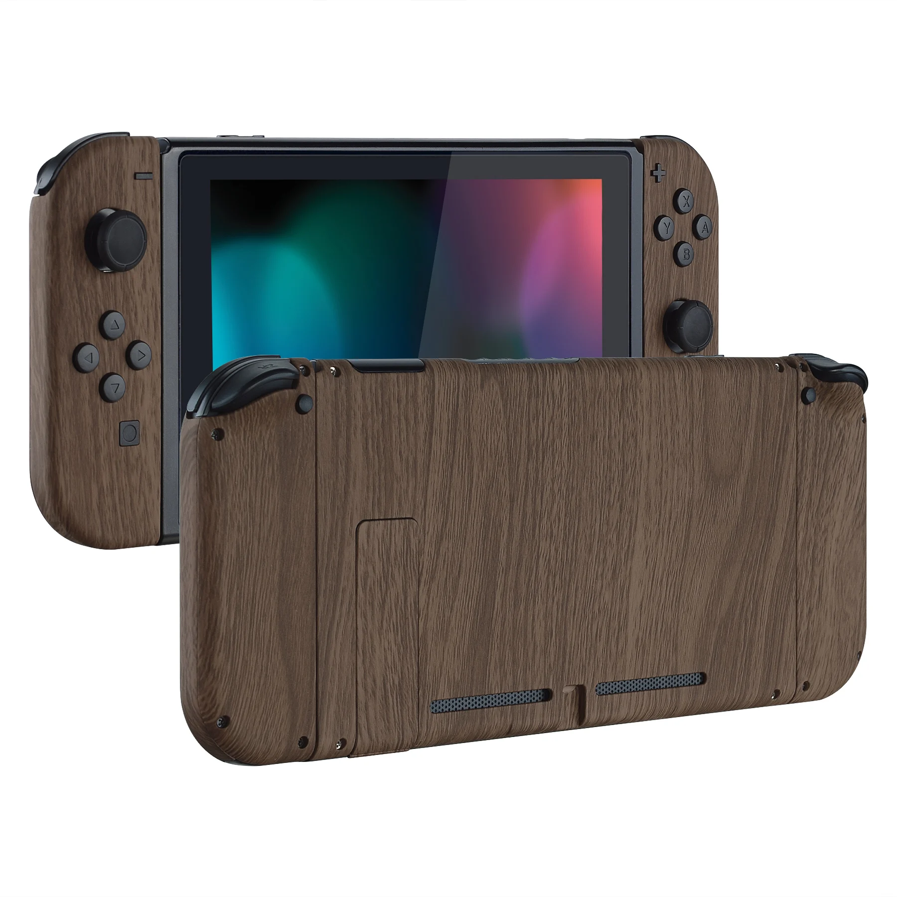 eXtremeRate Wood Grain Patterned Soft Touch Console Backplate Controller Housing Shell with Full Set Buttons for Nintendo Switch