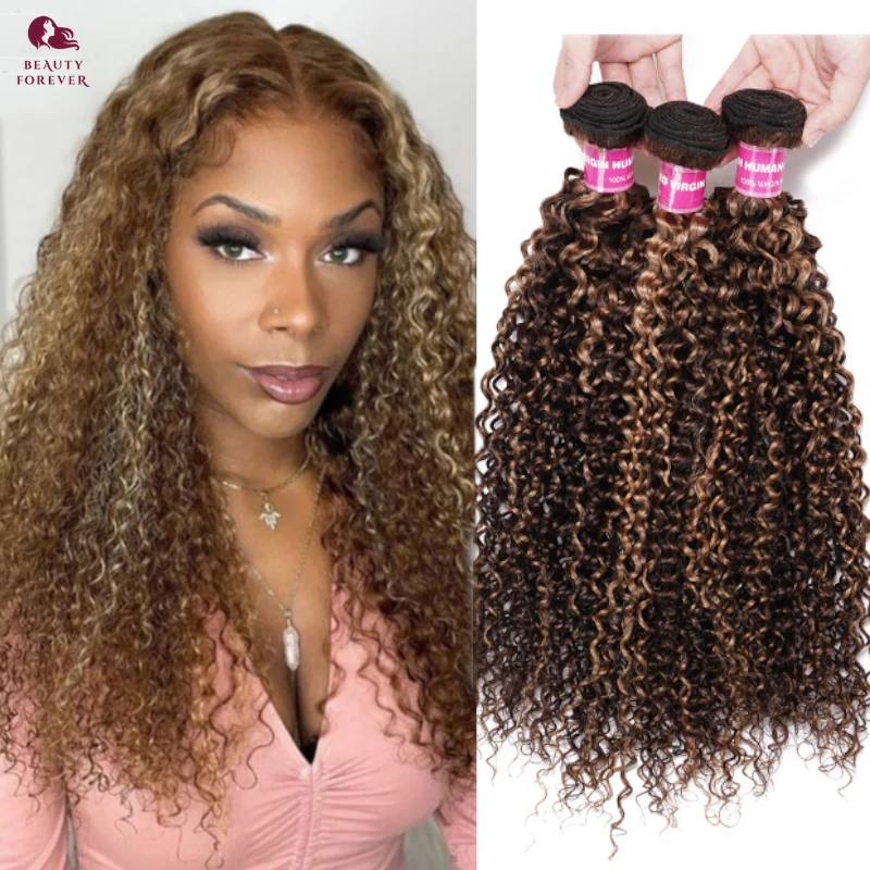 Beauty Forever Grade 12A Highlights Curly Human Hair Weft 3 Bundles Honey Blonde Colored Brazilian Remy Human Hair Weave