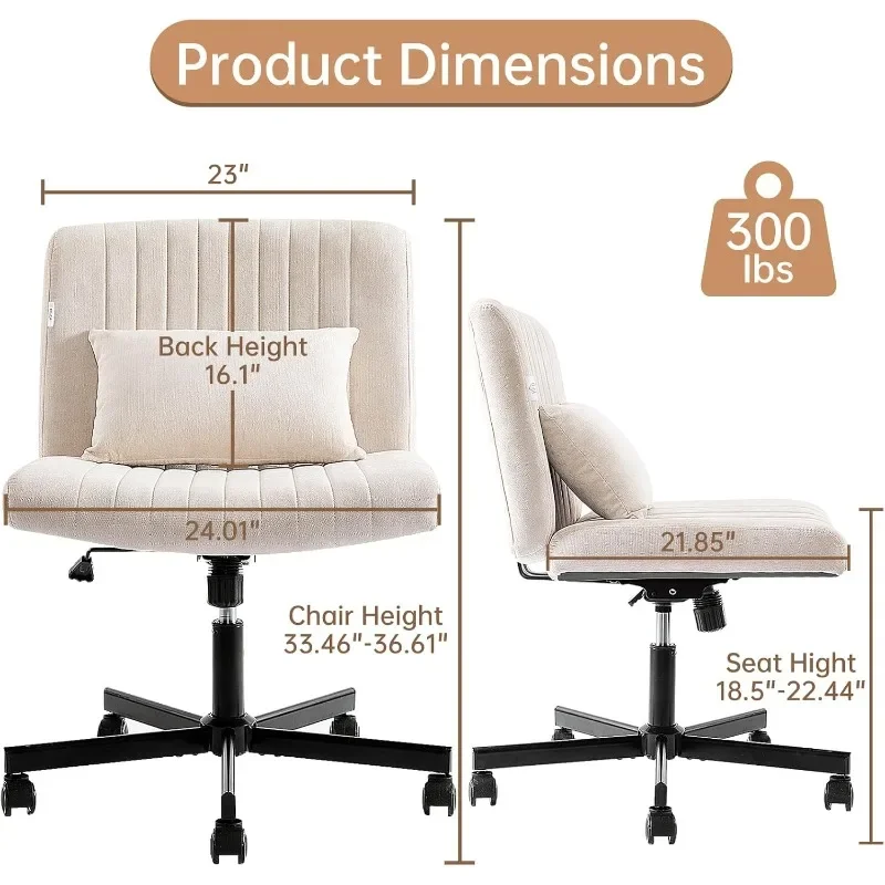 Armless Home Office Chair with Replaceable Wheels/Fixed Base and Lumbar Support for Living Room, Wide Seat Adjustable