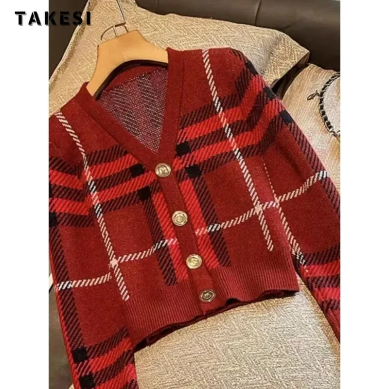 2024 Autumn Vintage Fashion Casual Single Breasted Sweater Women Knitting Long Sleeve Jumpers V-neck Loose Plaid Cardigans