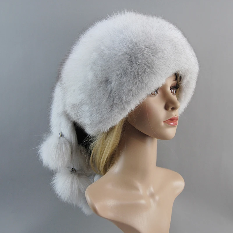 Russian Style Women Real Natural Fox Fur Cap With Fox Tail Fashion Lady Winter Thicken Warm Soft Fox Fur Bomber Hat Beanie Hat