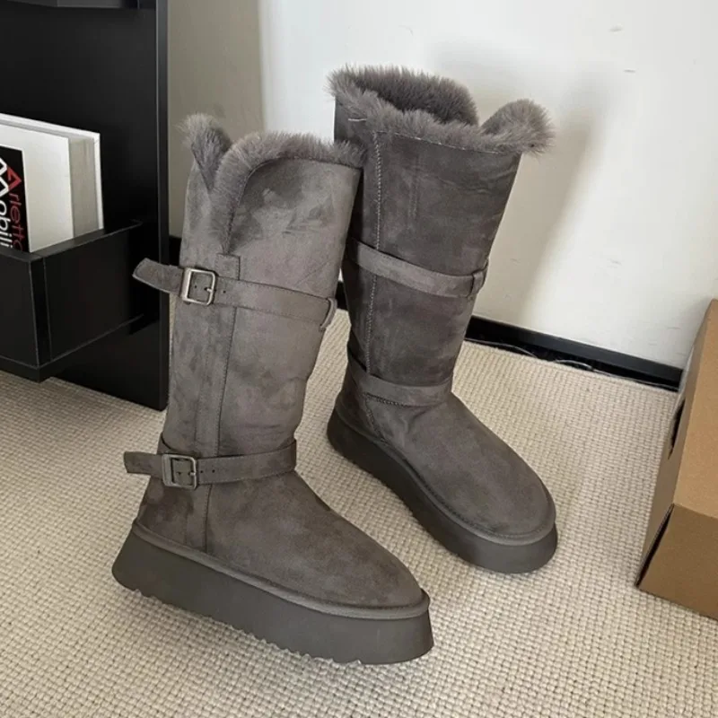 Frauen Mode Flache Schnee Stiefel Winter Neue Runde Kopf Wildleder Metall Schnalle Anti-rutsch Verschleiß-beständig Hohe Stiefel