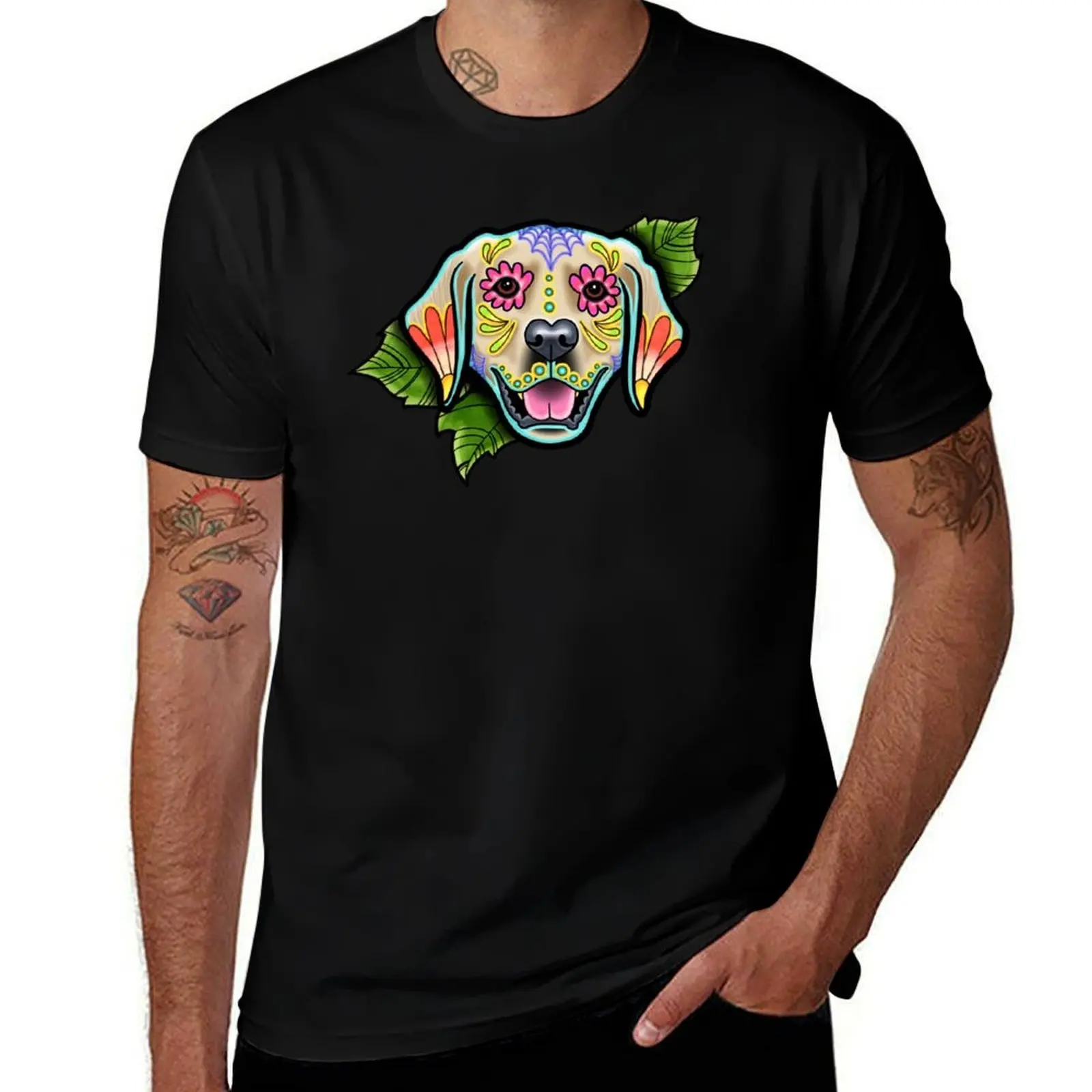 

Day of the Dead Golden Retriever Sugar Skull Dog T-Shirt Plus Size Lightweight Tee Shirt