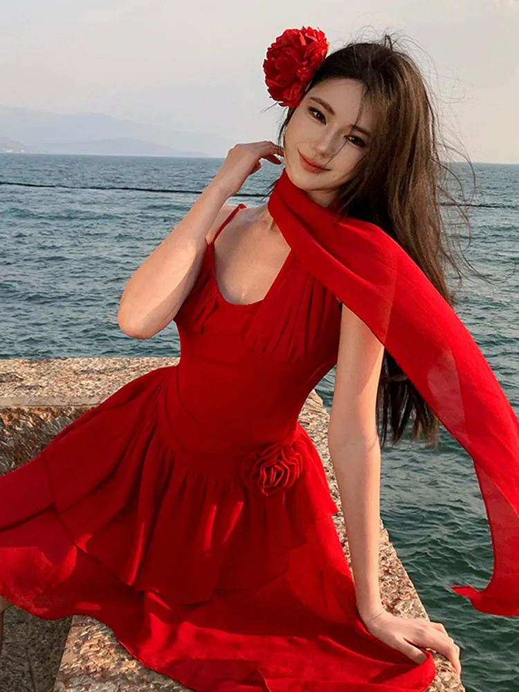 Boho Mini abito irregolare in chiffon rosso femminile sexy con spalle scoperte Slim Sling Holiday Beach Party Dress 2025 Nuova estate