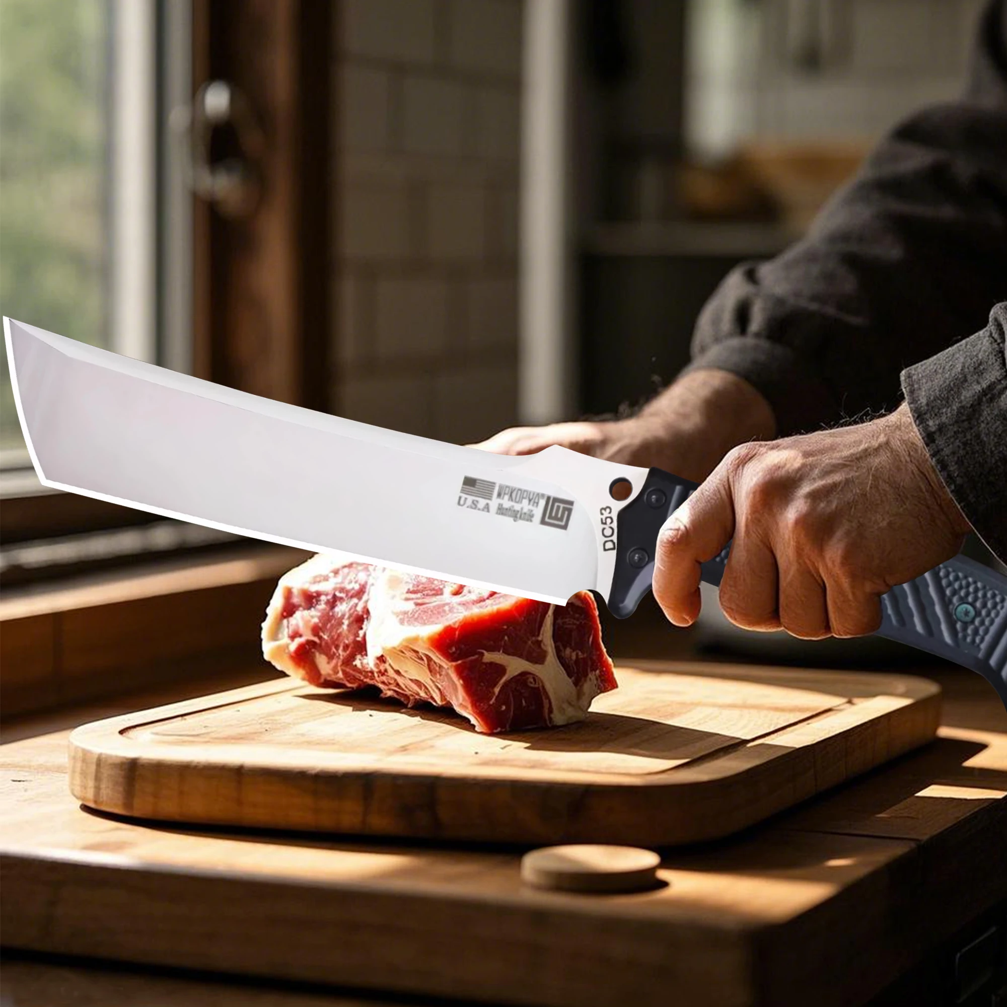 WPKOPYA USA (Frosted) DC53 steel 14-inch kitchen meat chopping knife + sheath, multi-purpose chef\'s knife, chopping knife