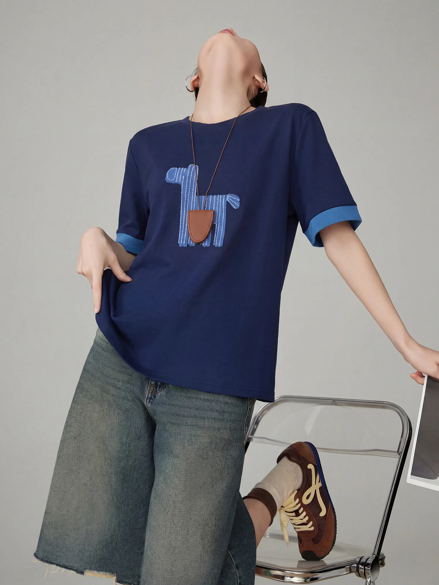 

Retro Print Embroidery Color Block round Neck Short Sleeve Women's Summer Slim Fit Loose T-Shirt Polyester Fiber