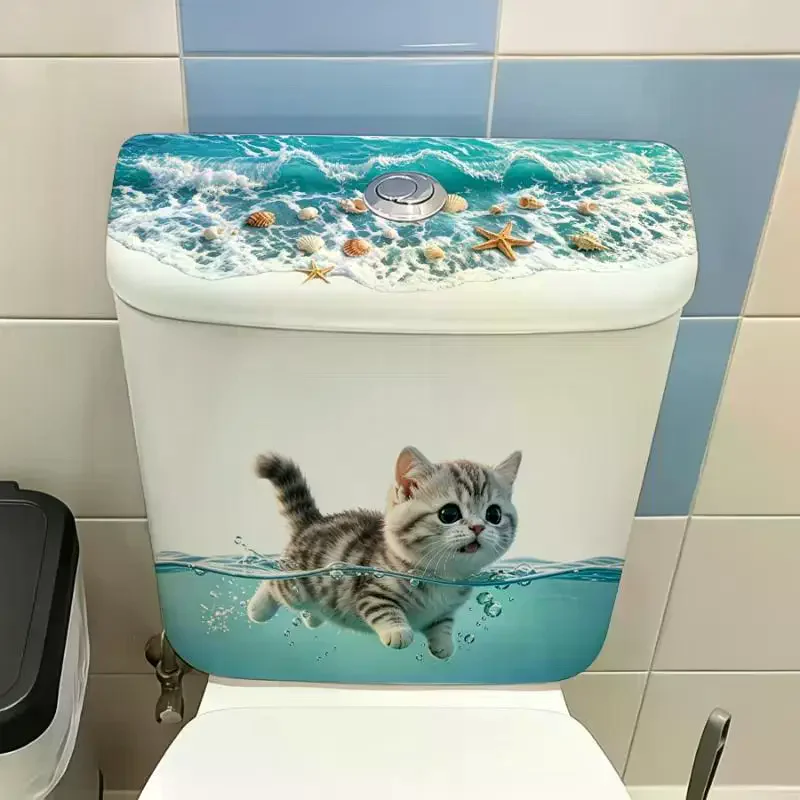 Cute Swimming Cat Toilet Sticker Waterproof Bathroom Wall Sticker Self-Adhesive Removable Decals Home Decor Fun