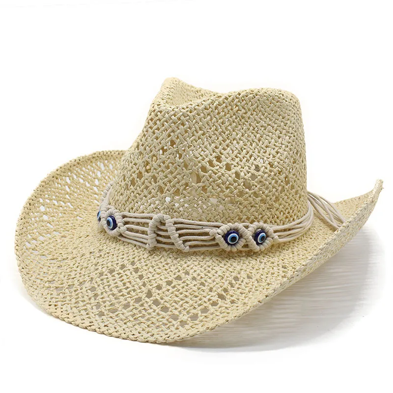 New Handmade Hollow Straw Hat Ethnic Style Decorative European and American Fashion Beach Hat Curved Brim Cowboy Straw Hat