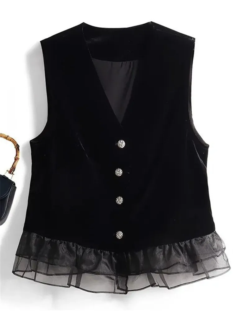 Botão frontal plissado guarnição colete de veludo preto feminino 2025 primavera outono sem mangas jaqueta casaco elegante senhoras cardigan topo