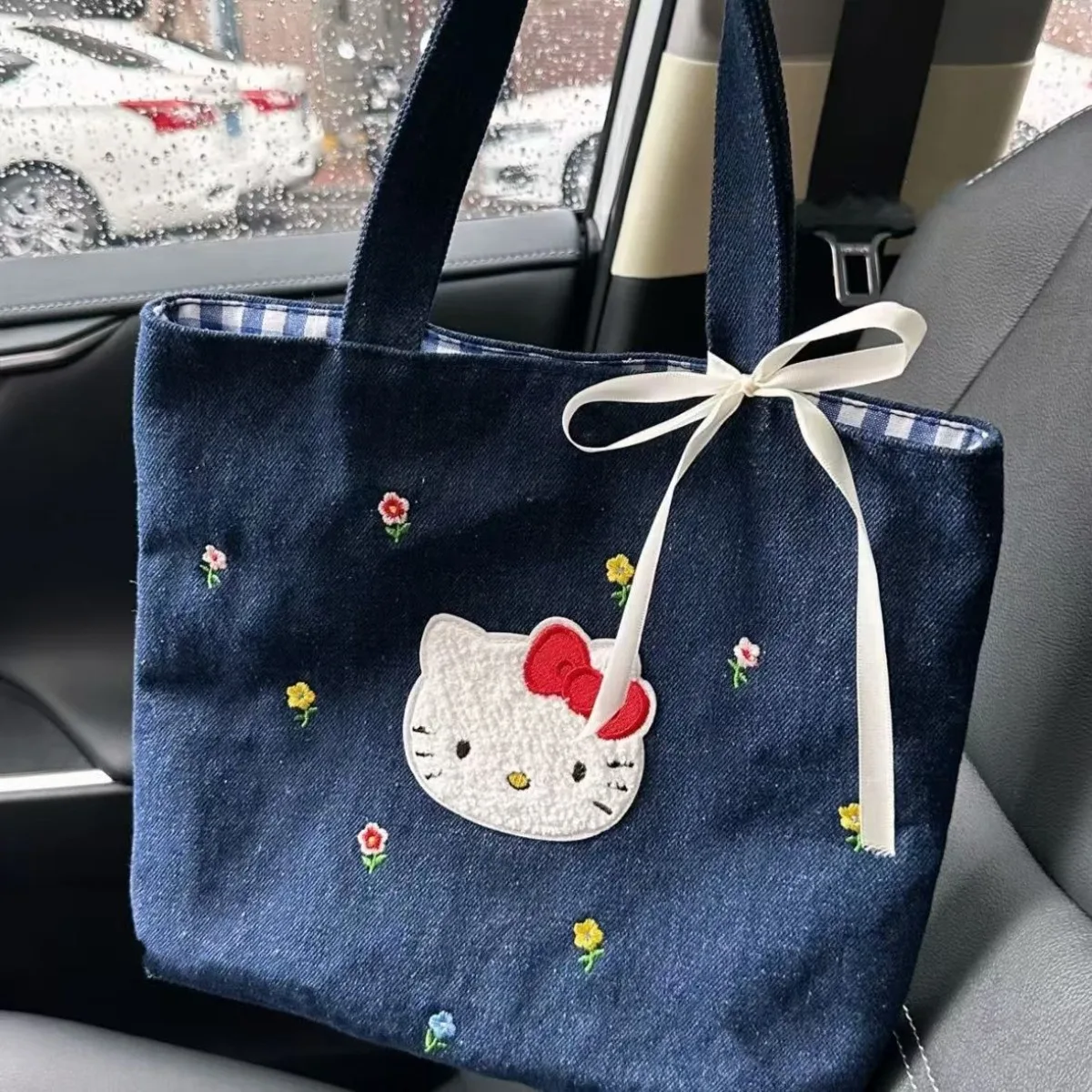 2025 Hello Kitty Tote Bag Miniso Retro Denim Cartoon Embroidery Versatile Portable Shoulder Bag Large Capacity Book Storage Bag