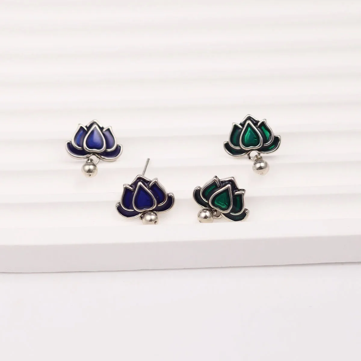 925 Silver Blue Lotus Flower Earrings for Women Fresh Vintage Classic Art Enamel Tassel Short Earings Stud Party Jewelry Gifts