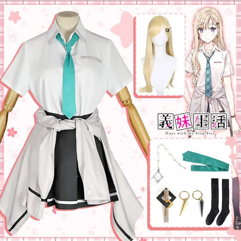 

Saki Ayase Cosplay Costume Wig Anime Gimai Seikatsu Days with My Step Sister JK Uniform Skirt Dress Earrings Stockings Halloween