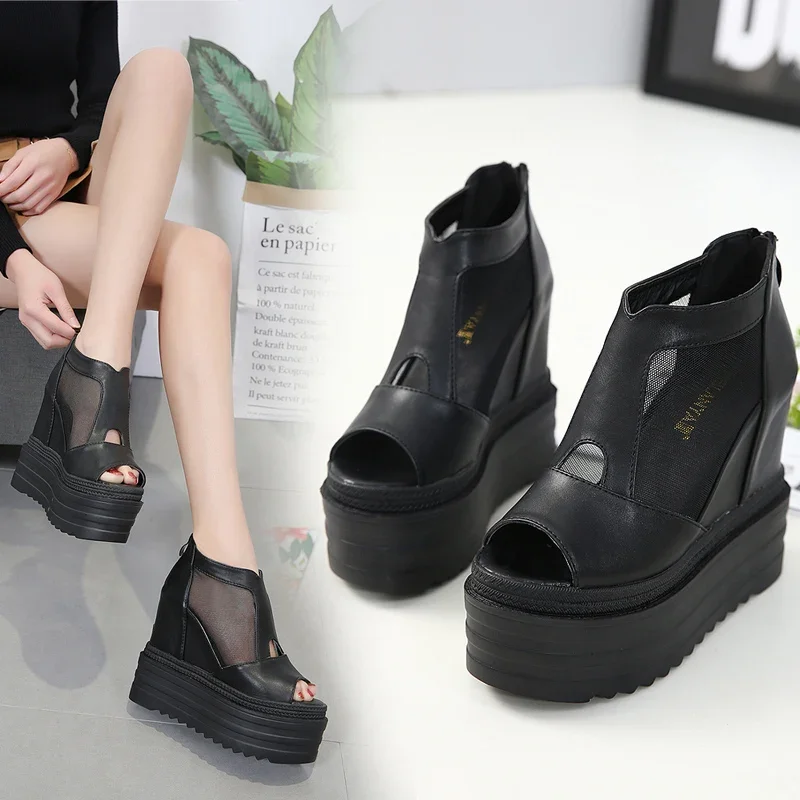 2024 Summer versatile new 13CM ultra high heel mesh height, thick soles, shoes, wedges, sandals for women  women sandals 2022