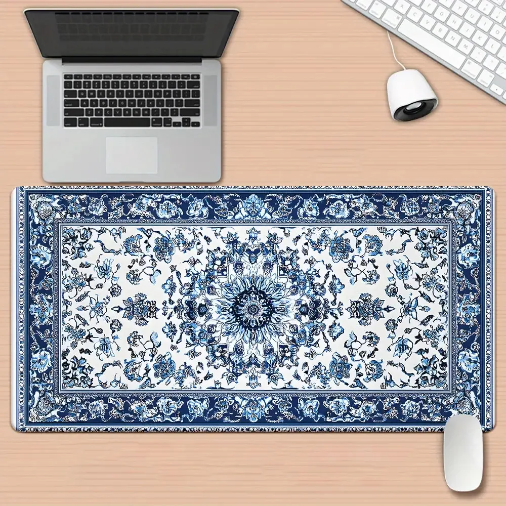 Blue Oriental Rug Desk Mat Extended Non-Slip Rubber Mouse Pad for Gaming Office Workstation