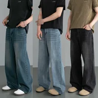 Primavera otoño nuevos pantalones vaqueros de los hombres azul viejo lavado pantalones vaqueros casuales ropa de hombre suelta nueva moda color contrastante pantalones de pierna ancha