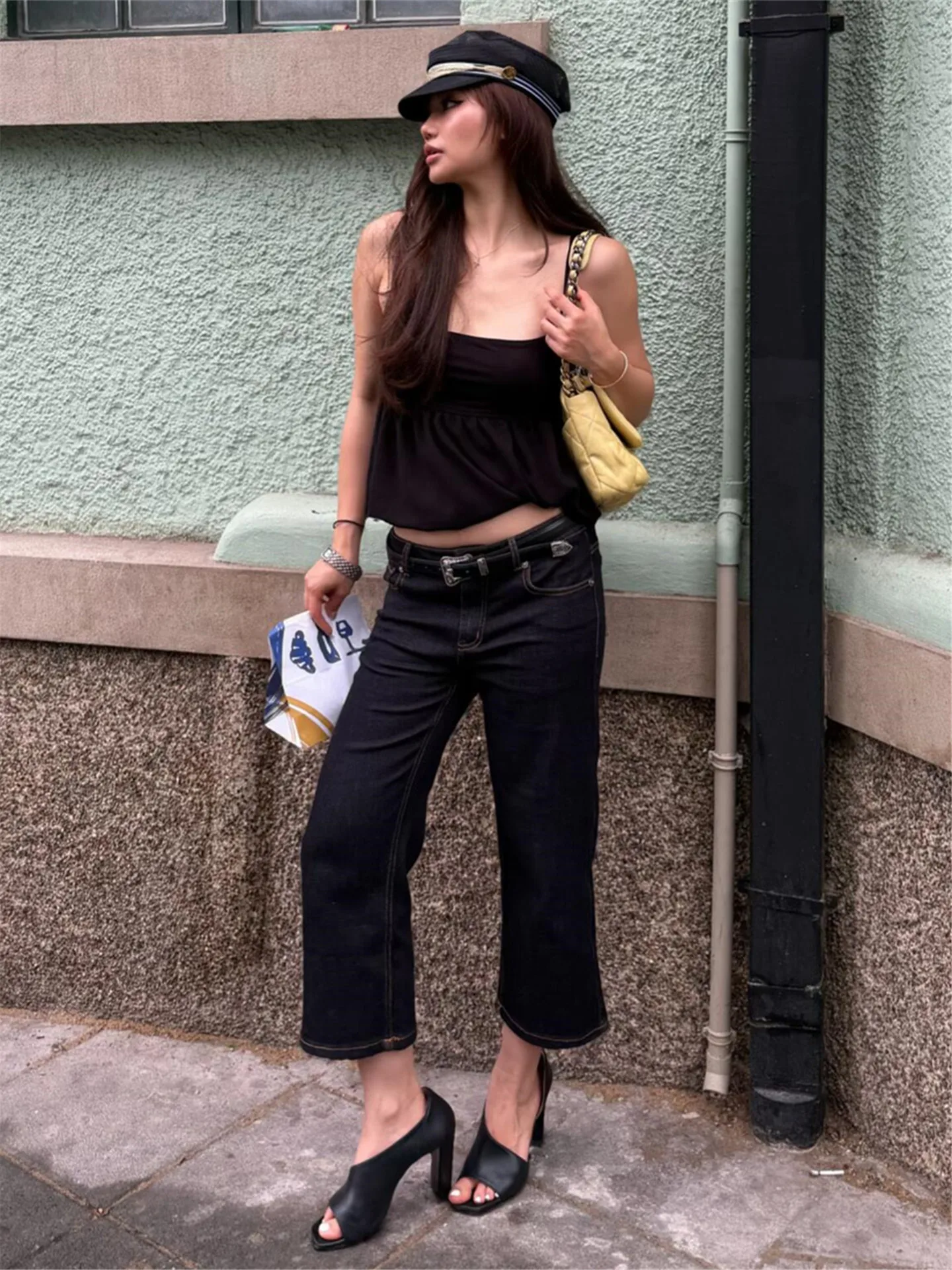 

Retro American Denim Jeans Women's Summer Slimming Low Waist Bell Bottoms Washed out Spicy Mid-Length Cotton Stretchless