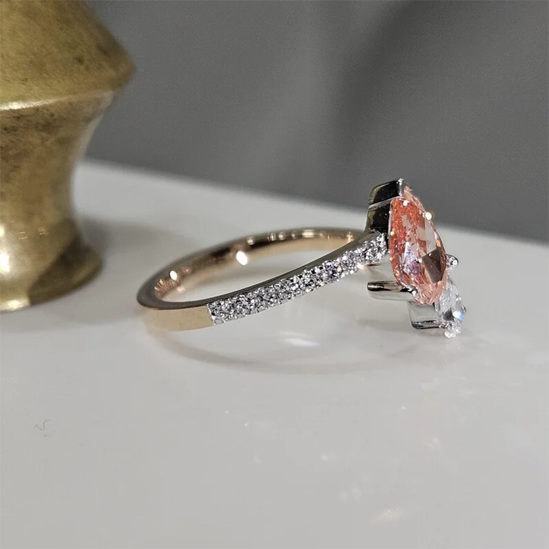 2CT Pear Cut Pink & 1Ct Pear Cut Lab Grown Diamond Ring 14k Two Tone Gold Elegant Design Double Diamond Engagement Ring IGI