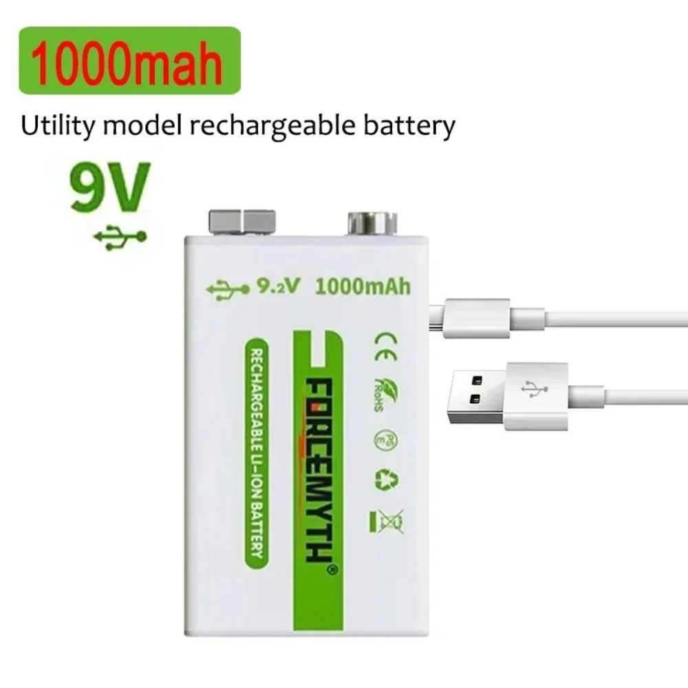 100% Original 9V 1000mAh Fast Charging Li-ion Battery USB TYPE-C For Microphone, Toy Remote Control,Alarm+Data Cabl