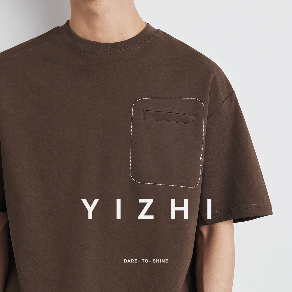 Summer New Men's Fashion Round Neck T-shirt Letter Pocket Solid Color Cotton Short Sleeve Outdoor