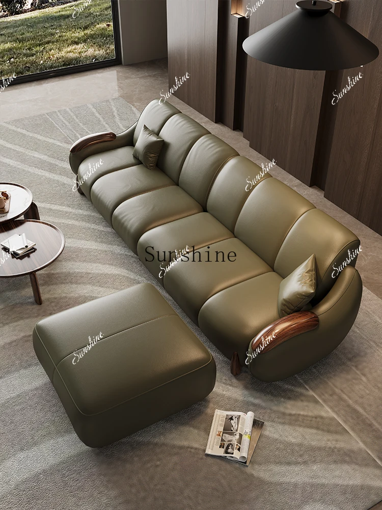 Modern simple size apartment straight row three solid wood first layer cowhide sofa  FT