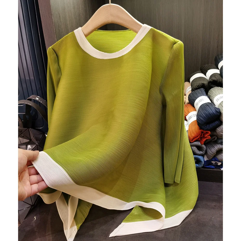 Miyake plissé été nouveau Style couleur bloc col rond trois-quarts manches ample haut plissé polyvalent T-Shirt pour les femmes