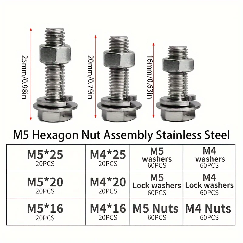 480Pcs Stainless Steel Hex Bolt and Nut Kit, Hex Head Screws with Nuts, Flat Washers, Lock Washers for Furniture, DIY Repairs