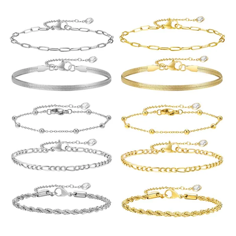 5PCS/Set Women Gold/Silver Color Bracelets,Stainless Steel Lady Geometric Fashion Charm Chain,Multi Layers Dainty Girl Jewelry