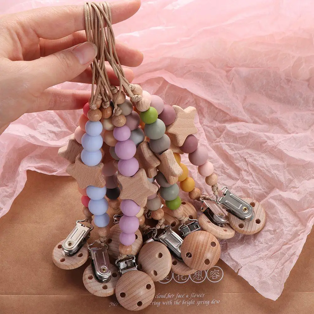 Children Soother Holder Nipple Holder Clips Wood Baby Pacifier Chain Dummy Clips Baby Teether Toys Straps Pacifier Holder Clips