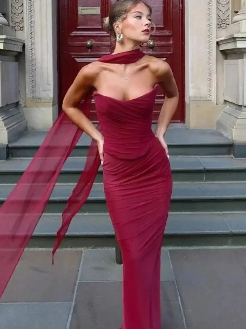 

Элегантный женский комплект из 2 предметов, 2024, облегающий укороченный топ без бретелек и макси-юбка, комплект торжественного свадебного платья для гостей BQ7M