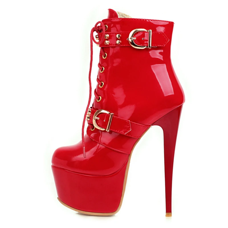 

Platform Ankle Boots Women Sexy 16cm High Heels Short Boot Red White Patent Lace Up Fetish Party Dance Shoes Lady Large Size 48