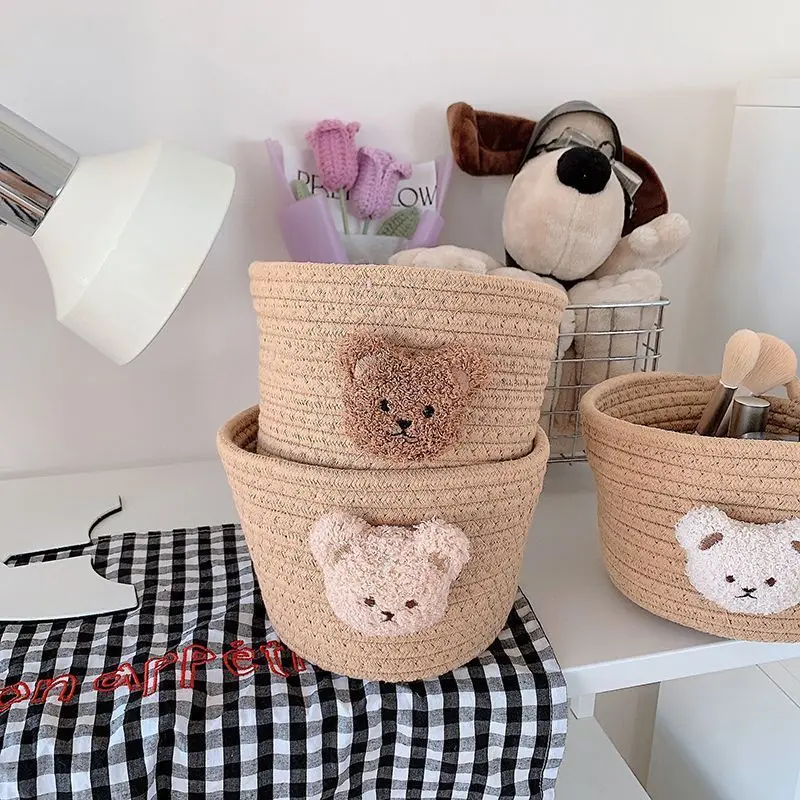 

1 PC Cute Woven Rope Storage Basket with Plush Bear Design - Multi Purpose Desktop Storage Box, Modern Style, Rack Basket