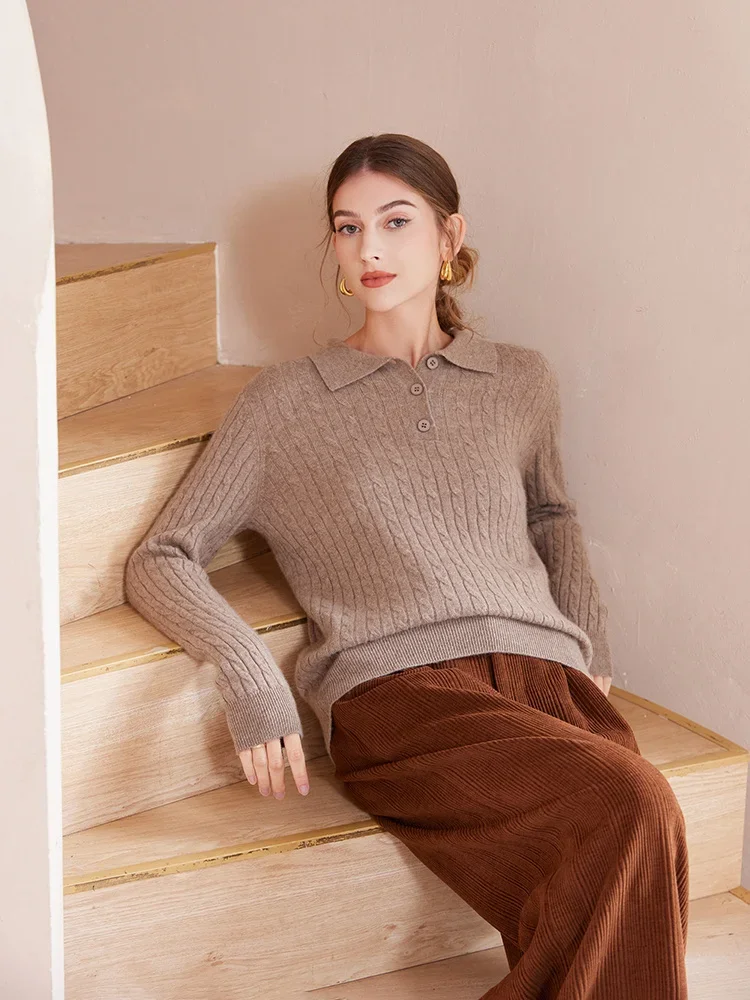 Sweater Polo musim gugur wanita, atasan rajut kelas atas kabel Allover, sweater kasmir, kerah Polo musim dingin, musim gugur, 2024