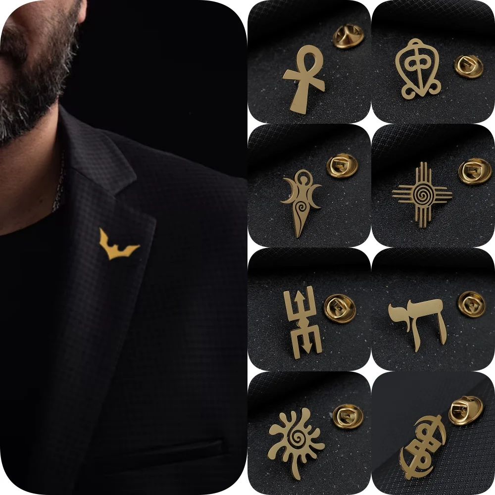 316 stainless steel hollow brooch, gold-plated yoga men's pin, peace symbol collar pin, African pattern accessories