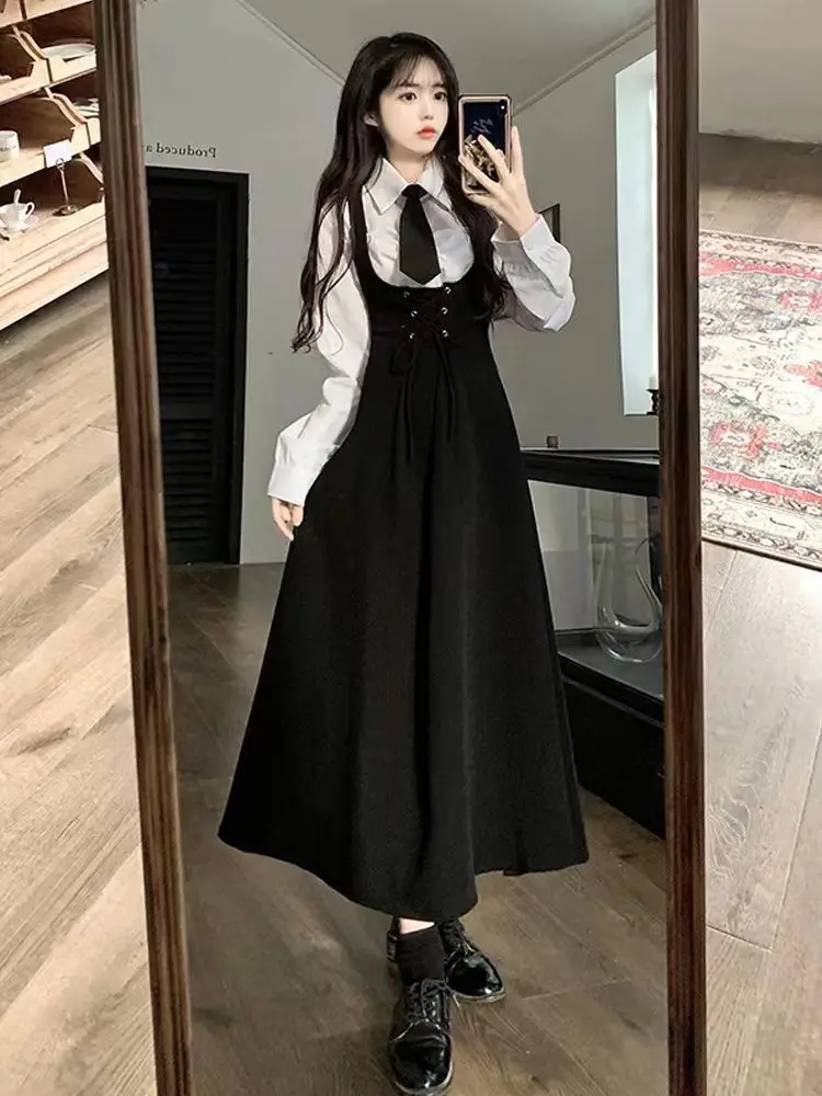 Sets Women Preppy Style Sleeveless Fashion Midi Dresses Elegant Simple Classic Shirts Schoolgirls Sweet Korean Slim Two Pieces