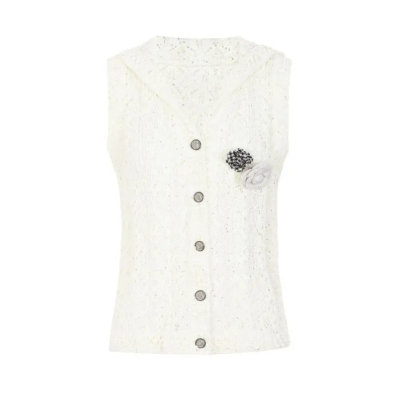 

High-End Summer New Knitted Navy Collar Heavy Work 3D Flower Sleeveless Knitwear Top Quality Soft European Style Slim Fit Car...