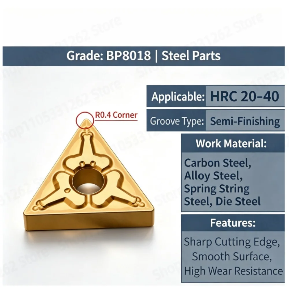 Carbide Turning Insert TNMG160404 BP8018, Triangle Indexable Tool for General Steel (45#/A3/Mold Steel), External Lathe Cutter