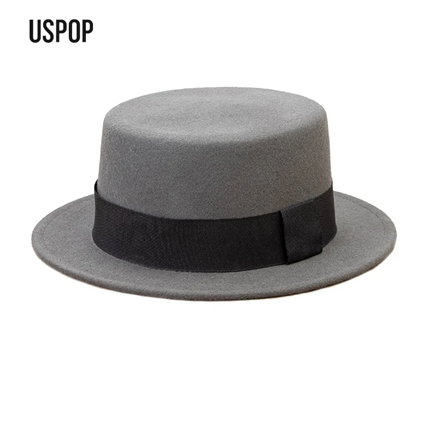 USPOP Autumn Winter Flat Top Wool Felt Hat Short Brim Unisex Dandy Fedora