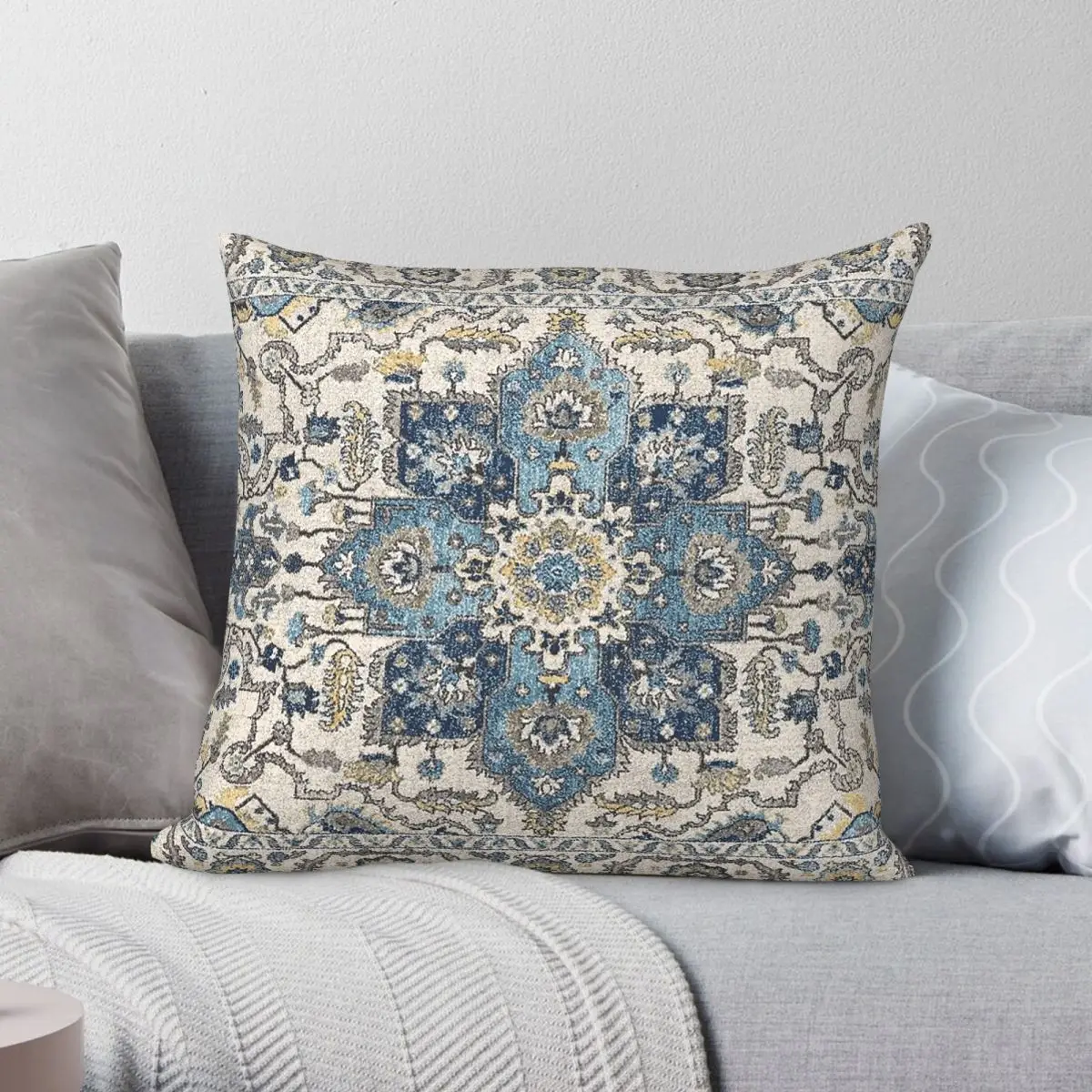 Funda de almohada cuadrada con mandala en gris y azul persa, funda de almohada decorativa con cremallera, de poliéster, lino y terciopelo, funda de cojín para coche