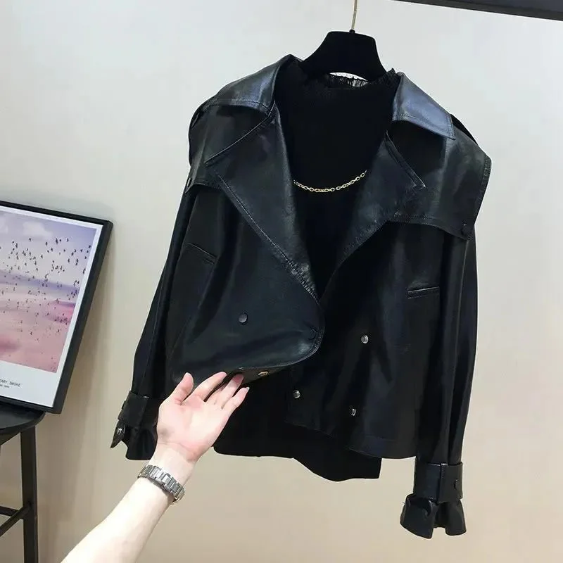 Lapel Motorcycle Leather Jacket Women\'s 2024 Spring Autumn Leather Outerwear Tops New Fashion Windproof Coat Jackets Female