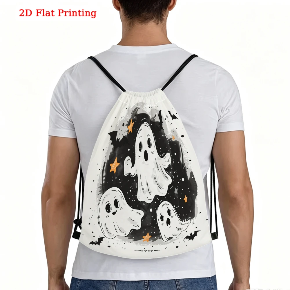 Cute Cartoon Style, Drawstring Backpack, 2D Flat Printing Ghost Pattern, Fitness Sports Bag, Outdoor Travel Drawstring Pack