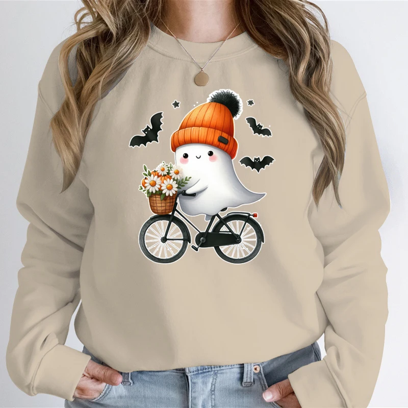 

Cycling Ghost Printed Pullover Autumn Winter Long Sleeve Round Neck Cartoon Halloween Hoodies Spooky Season Hoodless Sweatshirt