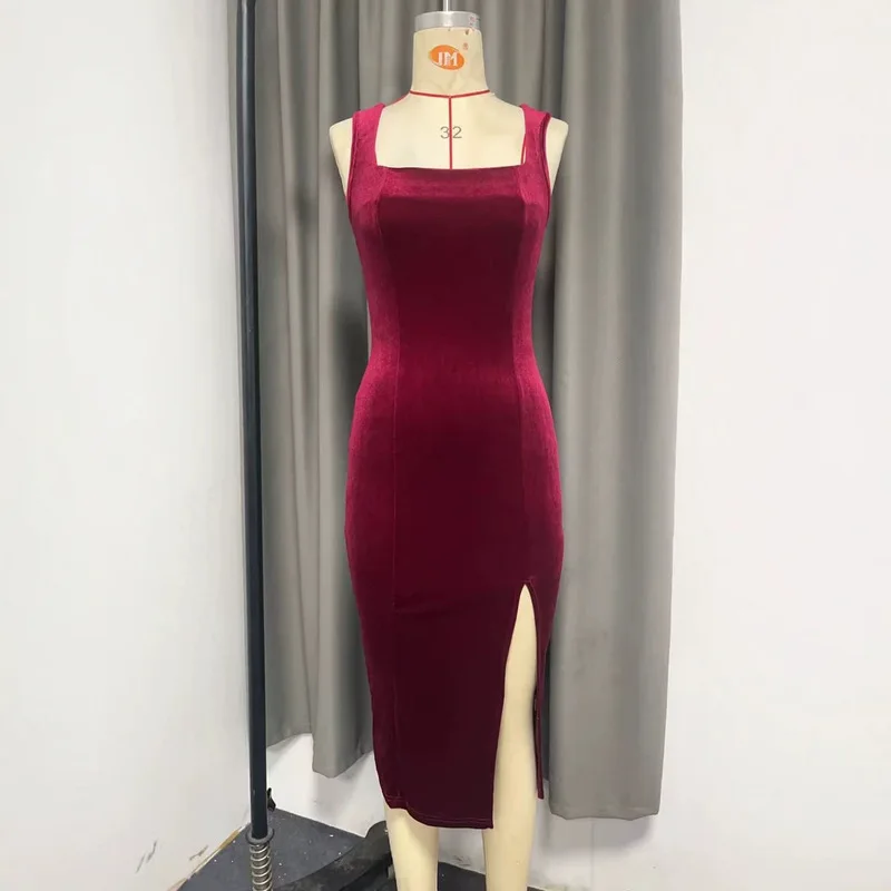 Sexy Sleeveless Black Dress Cross-Border Independent Station Midi Velvet Dress with Slit Elegant Commute Style for Women