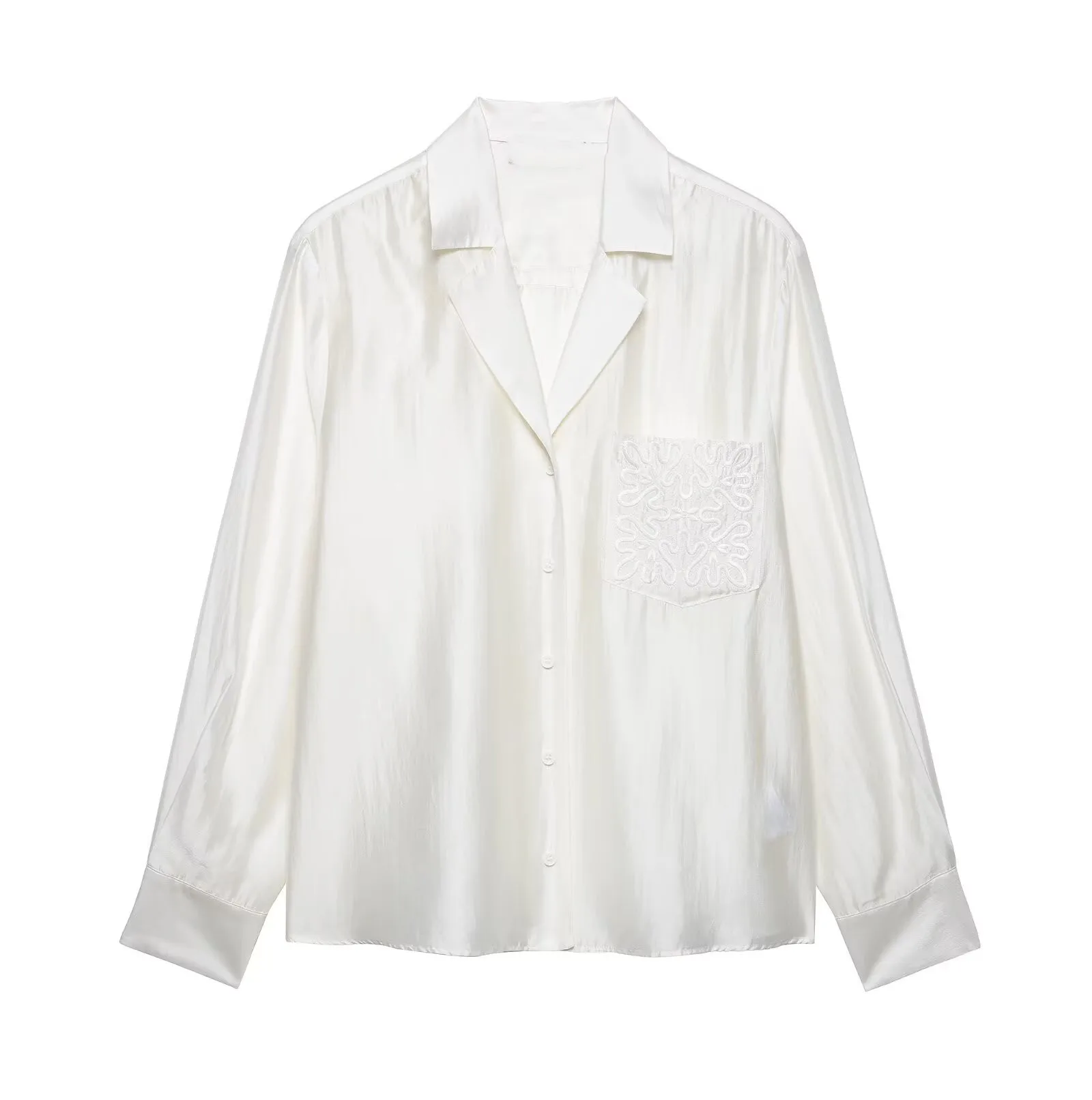 

Loose Versatile Embroidered Pocket Embellished Shirt Loose Women's Acetate Shirt Satin Shine Cardigan Button Up Casual Top